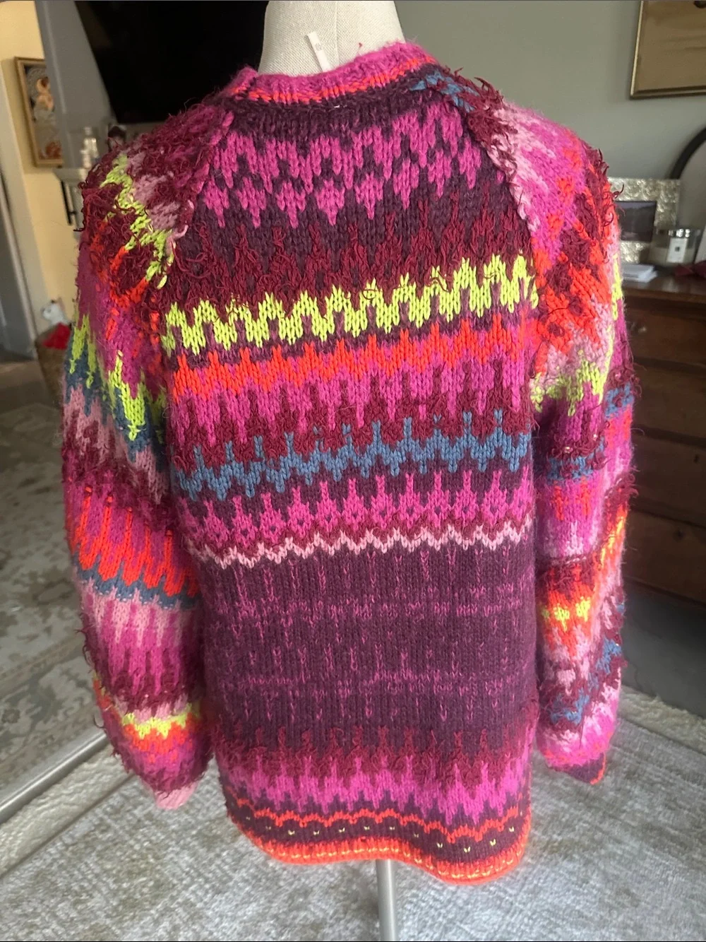 Free People Multicolor Fair Isle Crewneck Sweater in Burgundy, Pink, Neon Yellow